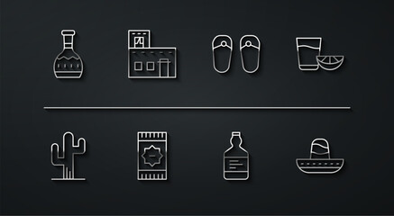 Set line Tequila bottle, Cactus, glass with lemon, Mexican carpet, house, sombrero and Flip flops icon. Vector