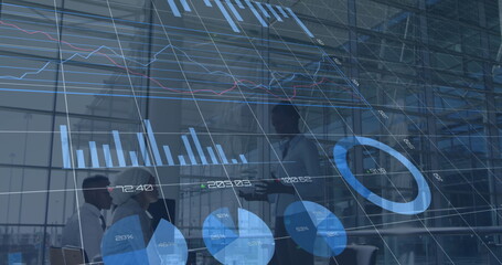 Image of financial data processing over cityscape