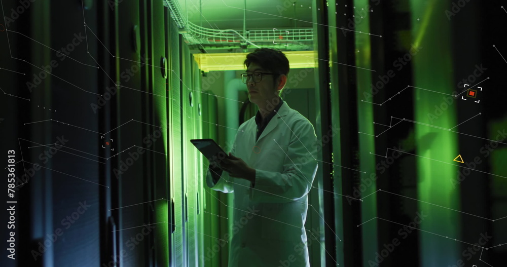 Aufkleber data processing against asian male engineer with digital tablet working in computer server room