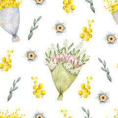 Hand-drawn watercolor seamless pattern with bouquets