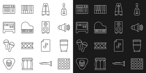 Set line Drum machine, Speaker volume, Metronome with pendulum, Grand piano, Guitar amplifier, Music synthesizer and Stereo speaker icon. Vector
