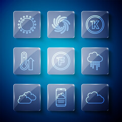 Set line Cloud, Weather forecast, Kelvin, Fahrenheit, Meteorology thermometer, Sun and with rain icon. Vector