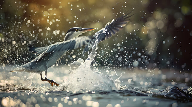 Graceful Heron Takes Flight From Water at Sunrise