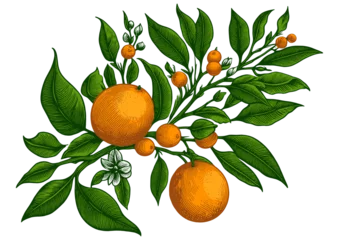 Fotobehang Citrus Fruit Branch with Blossoms color PNG © Oleksandr Pokusai