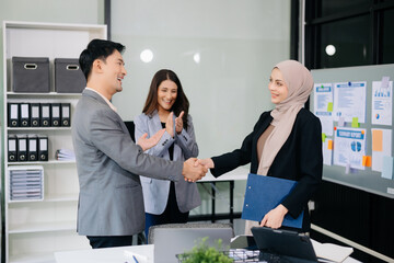 Business partnership handshake concept.Photo  coworkers handshaking process.Successful deal after great meeting.
