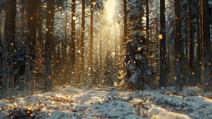 Snow falling in the forest, sun shining through trees,, beautiful winter landscape, christmas...