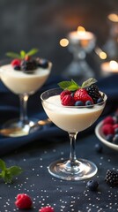 Elegant panna cotta, garnished with fresh berries, against a navy backdrop, candlelight for a soft, romantic feel