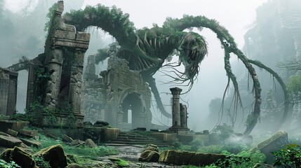 Fantasy Monster Plant in Misty Forest Ruins Stock Picture - obrazy, fototapety, plakaty