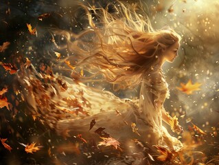 Ethereal being with hair flowing into autumn leaves, a dance of wind and spirit