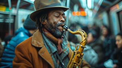 Musician Performing Exceptionally in a Crowded Metro Train, Showcasing the Interplay Between Ordinary Setting and Extraordinary Talent.