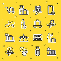 Set line Airport control tower, Tourist with suitcase, Airplane search, Calendar and airplane, No water bottle, Escalator up, Trolley baggage and Conveyor belt icon. Vector - obrazy, fototapety, plakaty