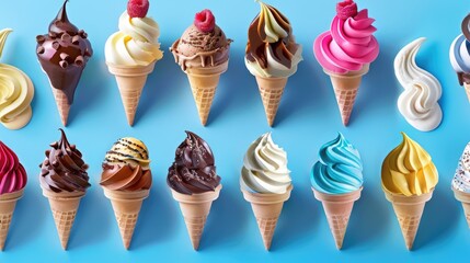Various colorful ice cream cones with chocolate and fruits.