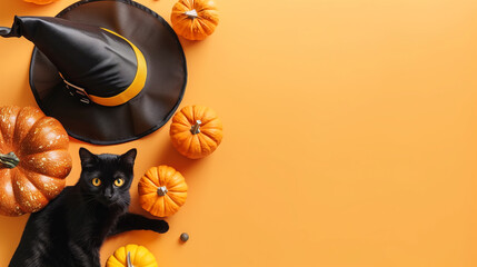 Halloween background with pumpkins, black cat and hat