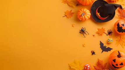 Halloween background with pumpkins, hat, spiders and bat