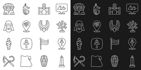 Set line Obelisk of Alexandria, Cross ankh, Coral, Egyptian house, Eye Horus, man, Sphinx and necklace icon. Vector