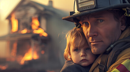 firefighter holds a rescued child in his arms