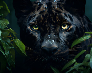 Portrait of a leopard with green leaves on a dark background