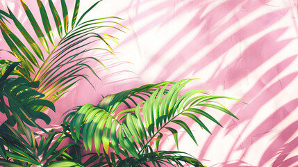 Naklejka premium Tropical Green Palm Leaves on Vibrant Pink Background