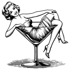 Retro Pin Up Girl Sitting in Martini Glass PNG