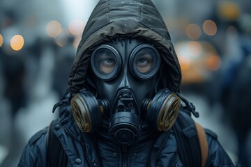 A person wearing a gas mask in a city.