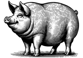 Fat Pig engraving sketch PNG illustration - obrazy, fototapety, plakaty