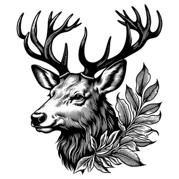 Stag with Antlers and Foliage engraving PNG