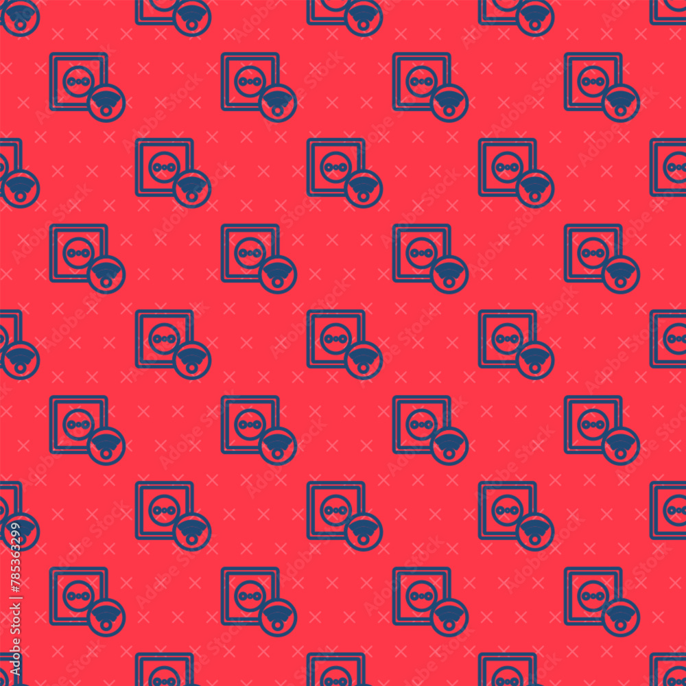 Poster blue line smart electrical outlet system icon isolated seamless pattern on red background. power soc