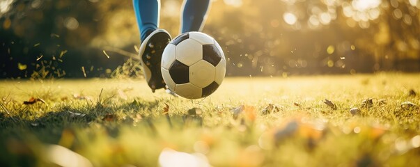 Soccer ball on a sunny autumn day - obrazy, fototapety, plakaty