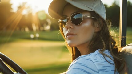 A beautiful young female player wearing a cap and sunglasses driving in golf cart at field. - Powered by Adobe