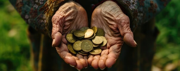 Elderly hands holding coins - obrazy, fototapety, plakaty