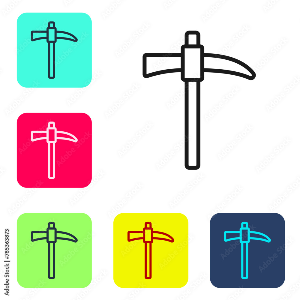Poster black line pickaxe icon isolated on white background. set icons in color square buttons. vector