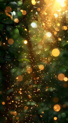 Obraz na płótnie Canvas Yellow and Dark Green Glittering Lights with Dreamy Bokeh, banner, background for event invitation, New Year's or Christmas decoration, Party Time, Festival St Patrick Day, Holiday, Space for text
