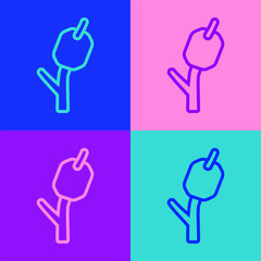 Pop art line Marshmallow on stick icon isolated on color background. Vector