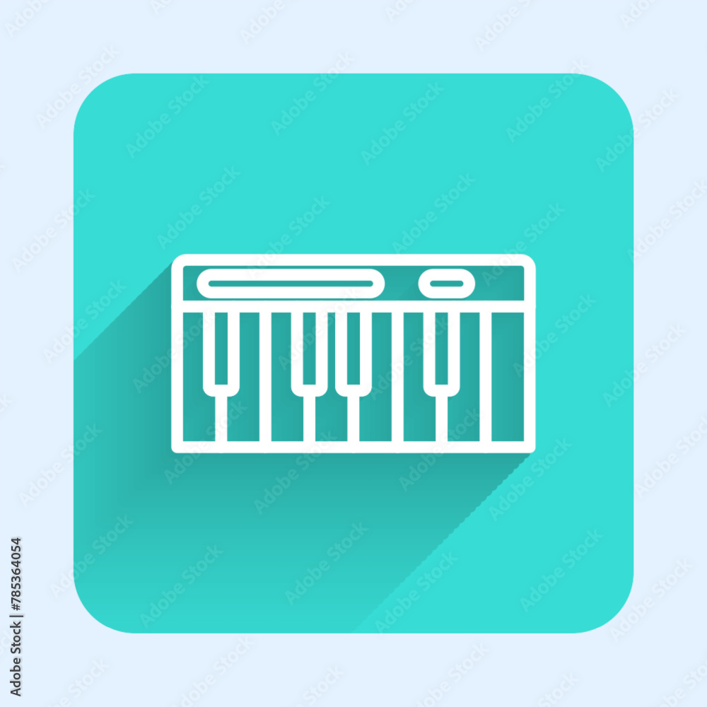 Wall mural White line Music synthesizer icon isolated with long shadow background. Electronic piano. Green square button. Vector