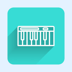 White line Music synthesizer icon isolated with long shadow background. Electronic piano. Green square button. Vector