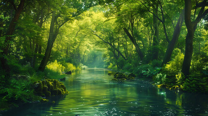 Fantasy green forest with beautiful river. seamless lo