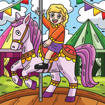 Circus Child on Horse Colored Cartoon Illustration