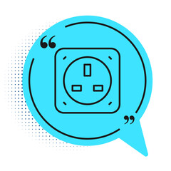 Black line Electrical outlet icon isolated on white background. Power socket. Rosette symbol. Blue speech bubble symbol. Vector