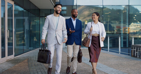 Business people, group and conversation in city on walk for commute to workplace with questions by...