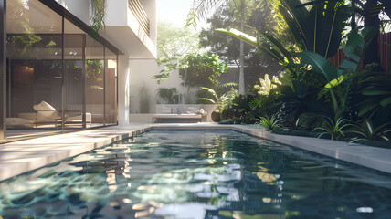modern cubic house with swimming pool - obrazy, fototapety, plakaty