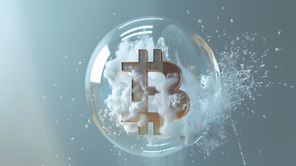 Bitcoin symbol enclosed within a bubble with explosion effect - obrazy, fototapety, plakaty