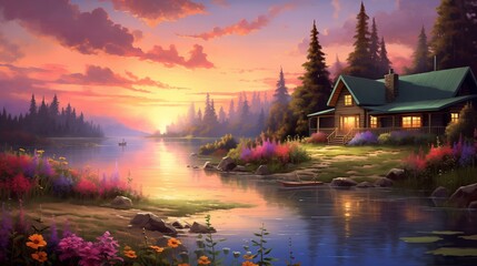 A serene lakeside cabin enveloped in the golden glow of sunrise, the vibrant colors of dawn reflected in the calm waters stretching out before it. - obrazy, fototapety, plakaty