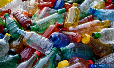 Fototapeta na wymiar Heap of used empty multicolor plastic bottles, close-up background, separate waste collection, environmental pollution, generative ai
