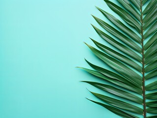 Palm leaf on a mint green background with copy space for text or design. A flat lay, top view. A summer vacation concept
