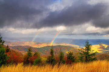 Autumn landscape - view of mountains covered with mountain forests and meadows under autumn sky after rain, Carpathians, Ukraine