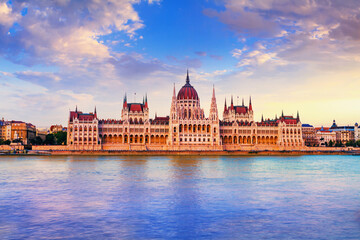 City landscape at sunset - view of the Hungarian Parliament Building in the historical center of...