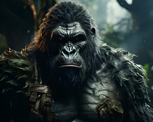 Portrait of a gorilla in the jungle. Fantasy and fantasy.