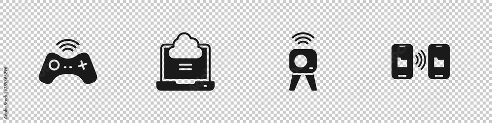 Poster set wireless gamepad, network cloud connection, web camera and data transfer and storage icon. vecto