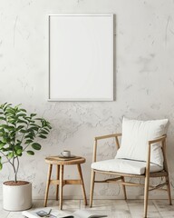Minimalist Living Room Interior with White Picture Frame Mockup in IKEA Style, Featuring Simple Cartoon Design Elements for Warm Home Decor Concept.