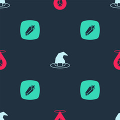 Set Magic stone, Witch hat and on seamless pattern. Vector